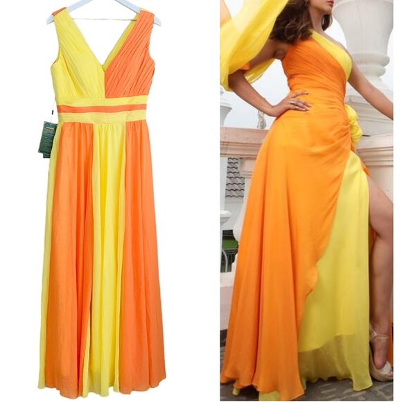 Grace Karin Dresses & Skirts - Grace Karin NWT Yellow & Coral Orange Color Block Pleated Maxi Dress Size Size 8